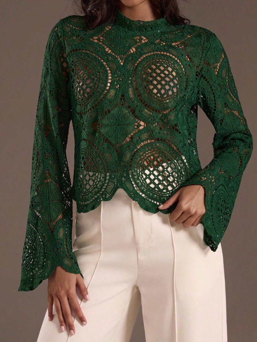 Dark Green Casual Women's Long Sleeve See-Through Top - Picture 3 of 6